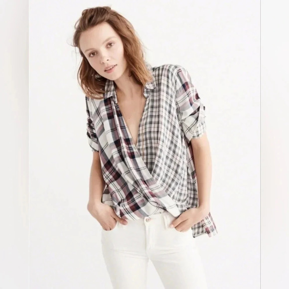 Abercrombie & Fitch Wrap Front Flannel Shirt, Color White/Red/Blue Size XS - Picture 1 of 16